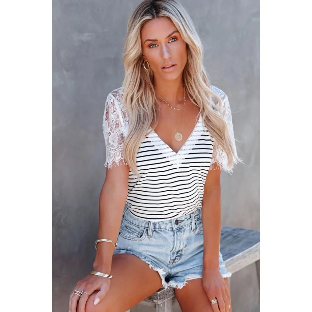 POL White with Black Stripes V Neck Lace Sleeve Rayon Jersey Tee - Picture 3 of 12